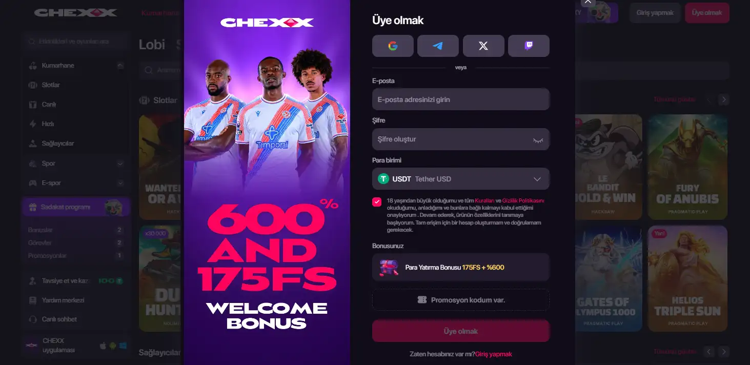 CHEXX kayıt formunda e-posta ve şifre alanları ile alternatif giriş se&ccedil;enekleri