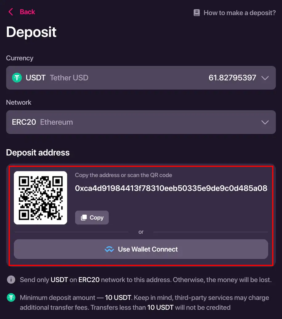 CHEXX para yatırma ekranında kripto varlığı, ağ se&ccedil;imi ve bulanıklaştırılmış c&uuml;zdan adresi
