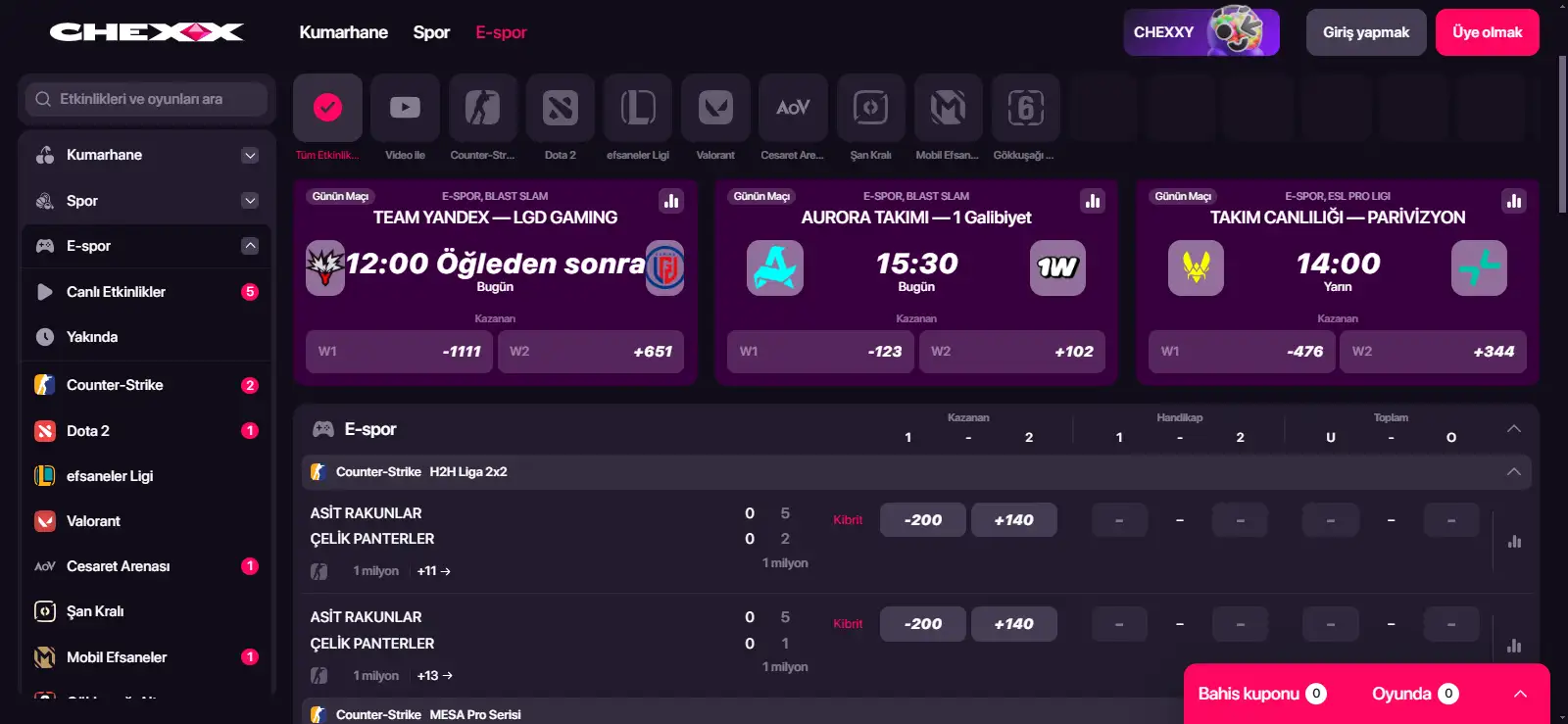 CHEXX spor bahisleri ekranında e-spor disiplinleri, ma&ccedil; listesi ve oranlar